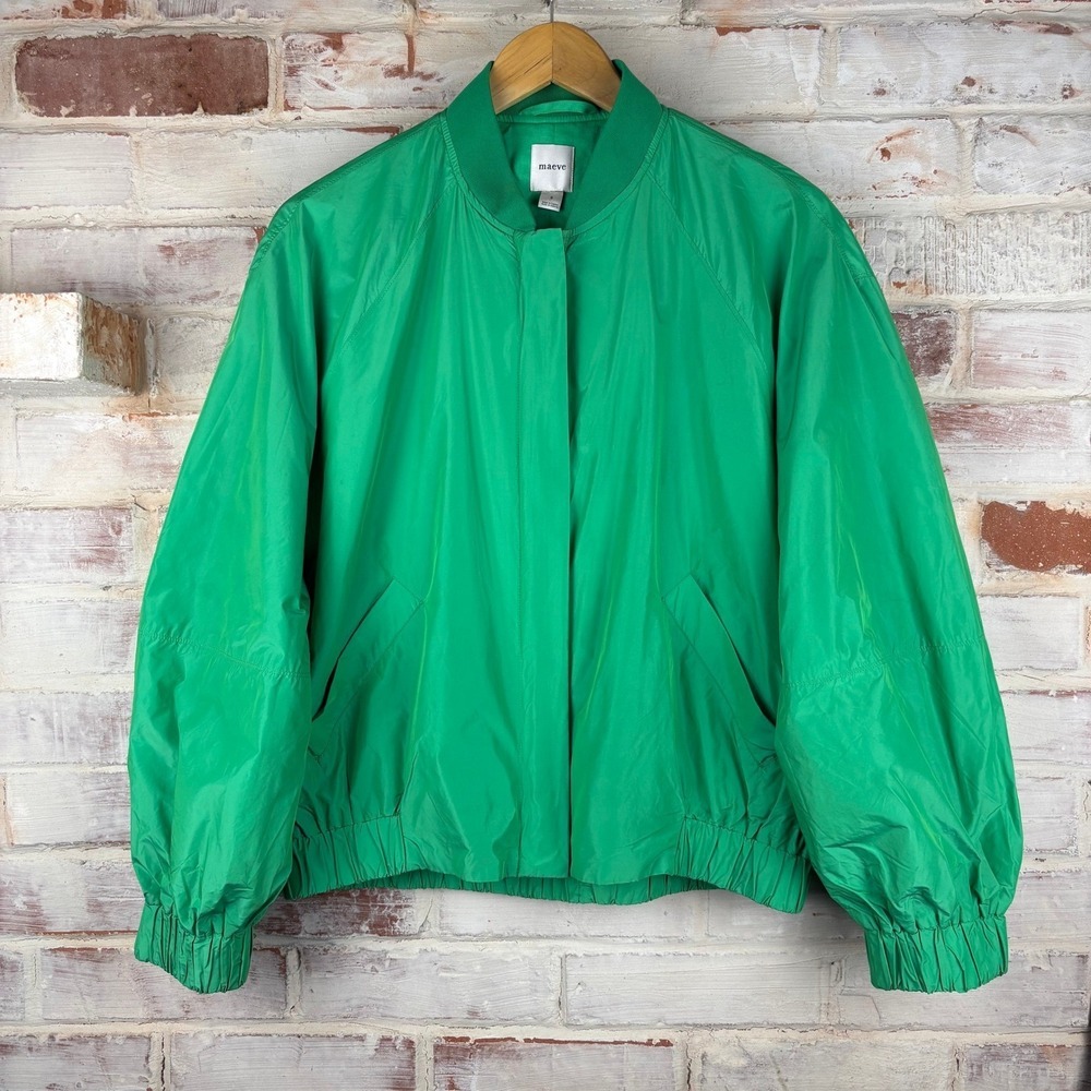 Maeve Anthropologie Kelly Green Lightweight Bomber Jacket Size S Puff Sleeve Y2K